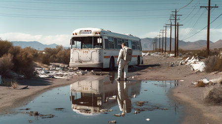 An AI generated illustration of an old white bus and a man standing near a puddle of waterの素材