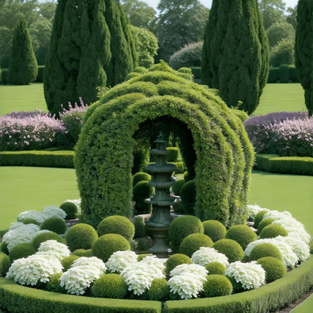 A beautiful garden with decorative greenery and trimmed hedges. AI-generated.の素材