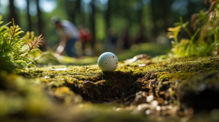 An AI generated illustration of a golf ball with a blurred person standing in the background in woodsの素材