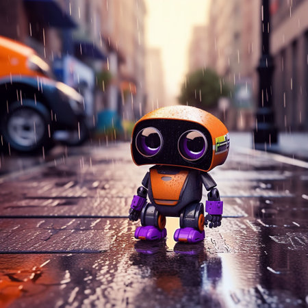 An AI-generated illustration of a cheerful, colorful toy robot standing in the rain on a bustling city streetの素材