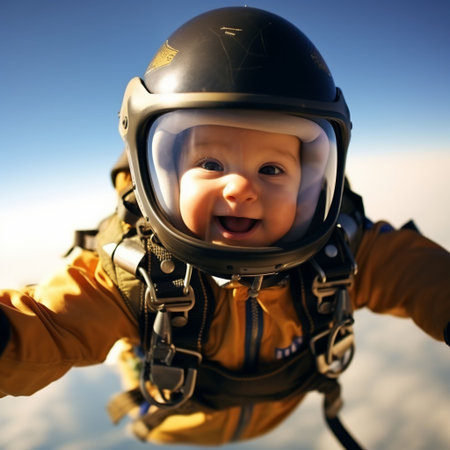 An AI generated illustration of image of a young toddler skydiving with a radiant smileの素材
