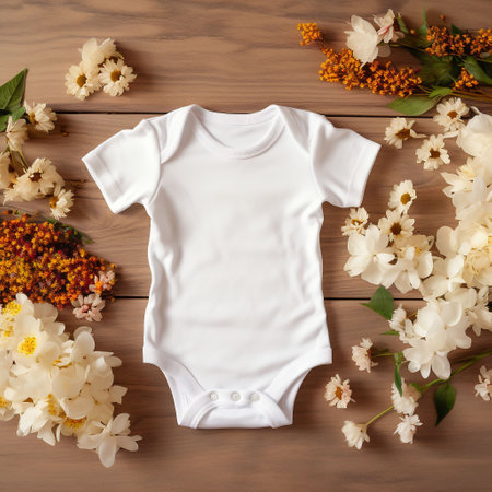 An AI generated illustration of a bodysuit featuring a floral pattern on a brown wooden tableの素材