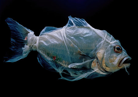 An AI generated illustration of a dead fish in a plastic bag on a black backgroundの素材