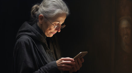 An AI generated illustration of an elderly woman using her smartphone device in a dimly lit roomの素材
