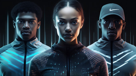 An AI generated illustration of A diverse group of people wearing casual clothing stand in front of a dark backgroundの素材