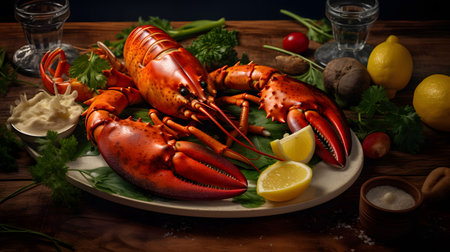 An AI generated illustration of a plate of fresh seafood, including a lobster and slices of lemonの素材