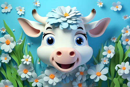 Illustration of a cute baby cow in paper cut. Quilling style with flowers background in cartoon form. Generative AI.の素材
