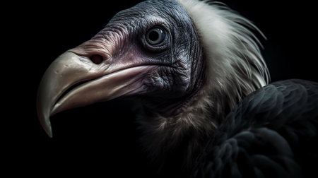 An AI generated illustration of a majestic vulture with a vibrant, colorful plumage perched against a dark, shadowy backdropの素材