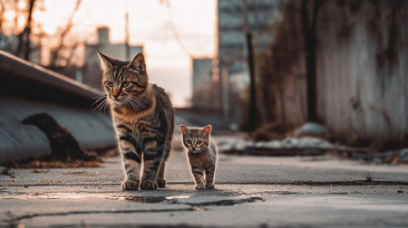 An AI generated image of cat and kitten walking in streetの素材