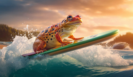 An AI generated illustration of a frog surfing on sea waves at sunsetの素材