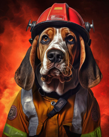 An AI generated illustration of a dog dressed in a firefighter uniformの素材
