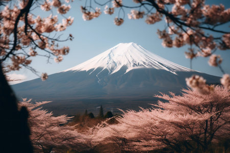 An AI generated illustration of a mountain peak with picturesque pink flowers scattered all aroundの素材