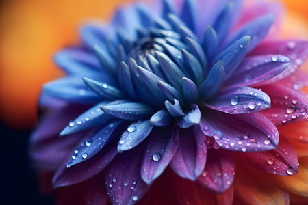 An AI-generated illustration of a vibrant blue flower covered in rain dropletsの素材
