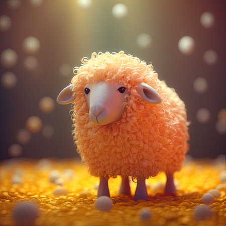 An AI generated illustration of large yellow cartoon sheep in a picturesque forestの素材