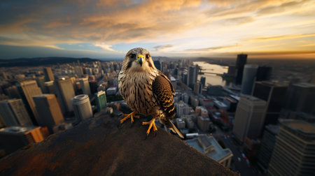 An AI generated illustration of a majestic bald eagle perched on the edge of a rooftopの素材