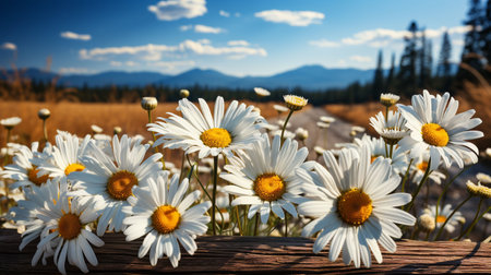 A field of daisies in the bright sunshine, creating an idyllic scene. AI-generated.の素材