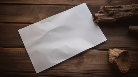 An AI generated illustration of A pile of white paper sheets on a rustic wooden surface in front of multiple tree trunks in the backgroundの素材