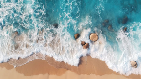 An AI generated illustration of sea waves against a sandy beachの素材