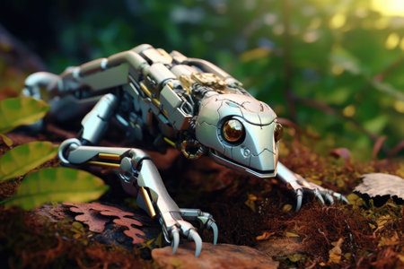 An AI generated illustration of a mythical reptilian creature atop a vibrant green foliage in a lush settingの素材