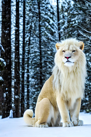An AI-generated illustration of a majestic lion standing  in a snowy forest with a blurry backgroundの素材