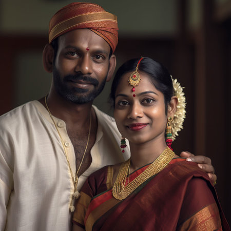 An AI generated illustration of a cheerful indian couple is wearing colorful traditional clothing and posing for a portraitの素材