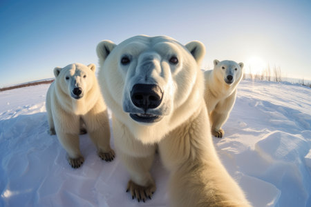 A group of adorable white bears taking a selfie in the snow, AI-generated.の素材