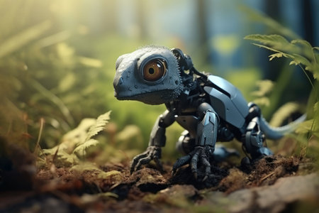 An AI generated illustration of a mythical reptilian creature atop a vibrant green foliage in a lush settingの素材