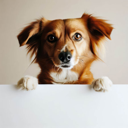 An AI-generated illustration of an adorable brown dog holding a white sign, with copy spaceの素材