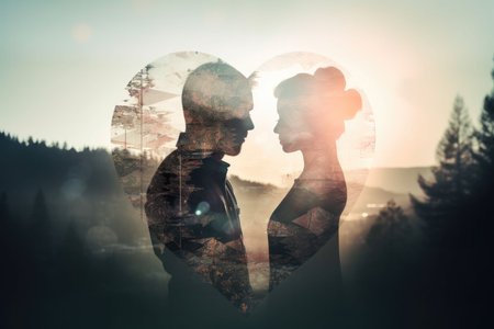 A man and woman silhouetted in a heart-shaped frame at sunset. AI-generated.の素材