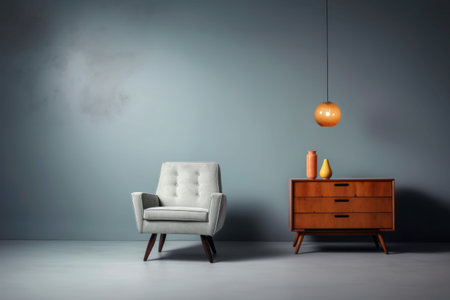 A modern and minimalistic interior design featuring an armchair and a wooden drawer. AI-generated.の素材