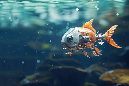 An AI generated illustration of an imaginary robotic fish swimming underwaterの素材