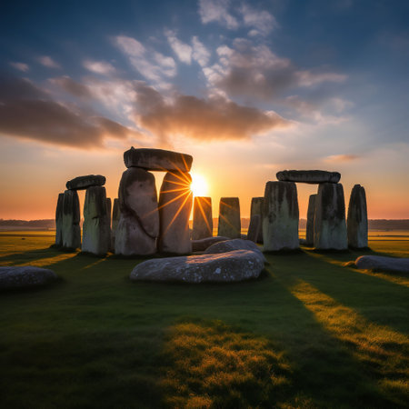 An AI generated illustration of the magnificent Stonehenge monument against a golden sunsetの素材