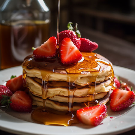 A plate of delicious pancakes with sliced strawberries and syrup. AI-generated.の素材