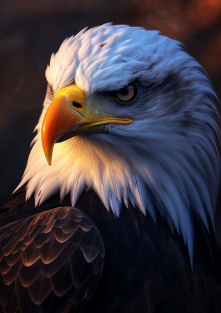 An AI generated illustration of a bald eagle portrait in golden sunlightの素材