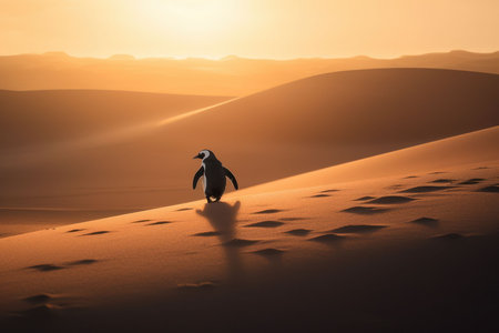 A penguin walks alone in the desert, searching for food and a new home, as climate change threatens its survival. Ai generatedの素材