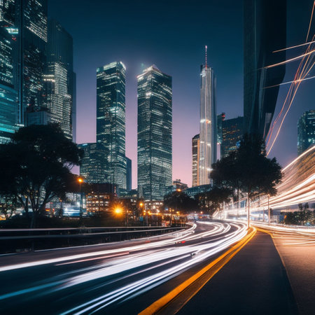 An AI generated illustration of a bustling cityscape at night with illuminated skyscrapers and traffic on the roadの素材