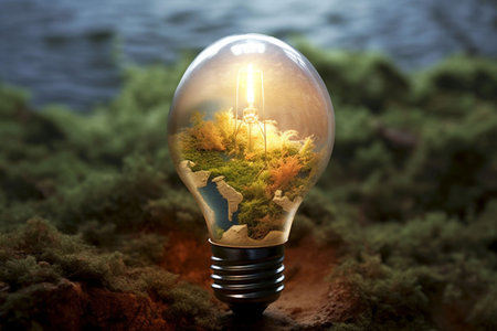 An AI generated light bulb filled with lush green grassの素材
