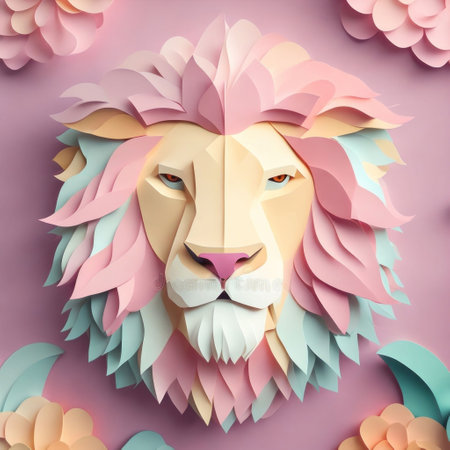 An AI generated illustration of an artfully crafted paper lion face with pastel colorful paperの素材