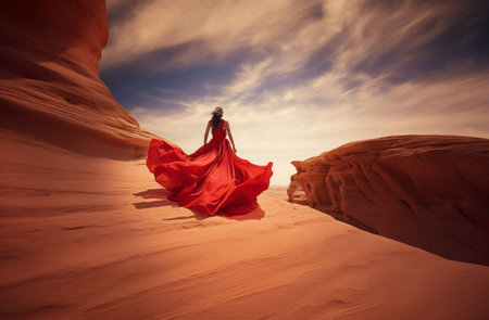 An AI generated illustration of a young woman wearing a bright red dress is walking along a desertの素材