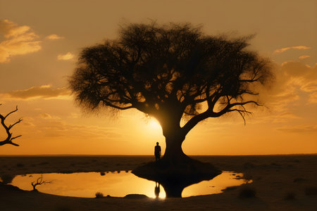 An AI generated tree standing silhouetted against a vibrant sunset skyの素材