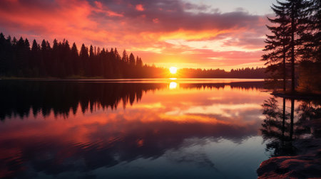 An AI generated illustration of A scenic image of a lake in a wooded area, illuminated by the soft light of the rising sunの素材