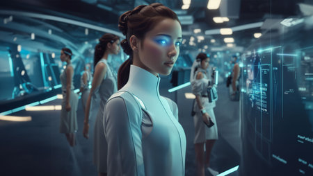 An AI-generated illustration of A group of people standing in front of a bank of futuristic computer monitorsの素材