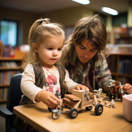 A young girl organizing a collection of toy items on a tabletop surface. Ai generatedの素材