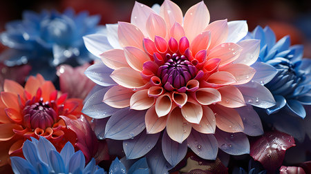 An AI generated illustration of a vibrant array of colorful flowers floating atop the tranquil surface of the waterの素材