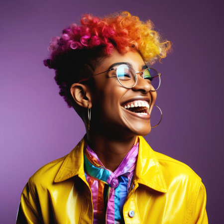 An AI-generated illustration of a person with curly, colorful and short hair wearing a yellow coatの素材