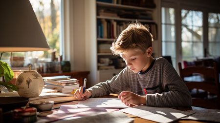 An adorable school-aged boy sits at a wooden desk, diligently writing his homework with a pencil in handの素材