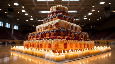 A delicious-looking cake with lit candles in the middle of a school gymnasium. AI-generated.の素材