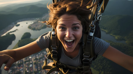An AI generated illustration of a Caucasian female mid-air jumping, wearing a parachute and laughingの素材