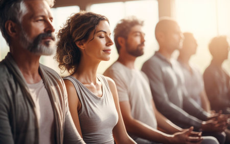 A group of people seated in a circle joined in meditation, AI-generated.の素材