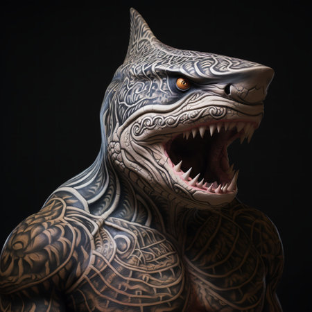 An AI generated illustration of a person with full-body tattoos and a large, intimidating shark headの素材